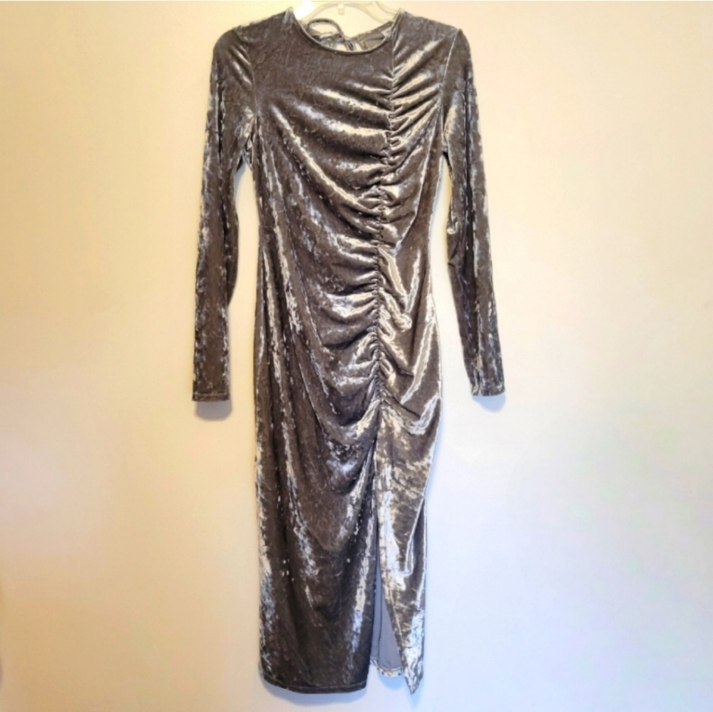 Nwt Future Collective Silver Ruched Long Sleeve Crushed Velvet Dress Size Xxs — image 2 of 8
